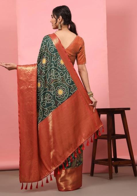 Green Printed Silk Blend Saree