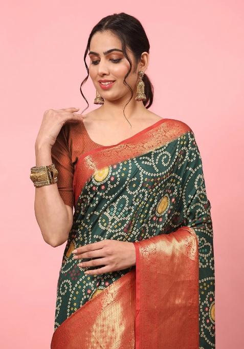 Green Printed Silk Blend Saree