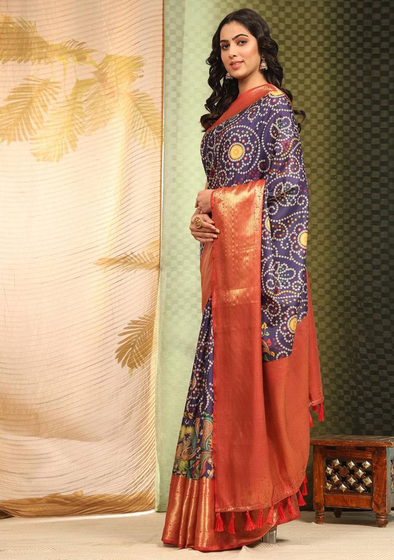 Blue Printed Silk Blend Saree