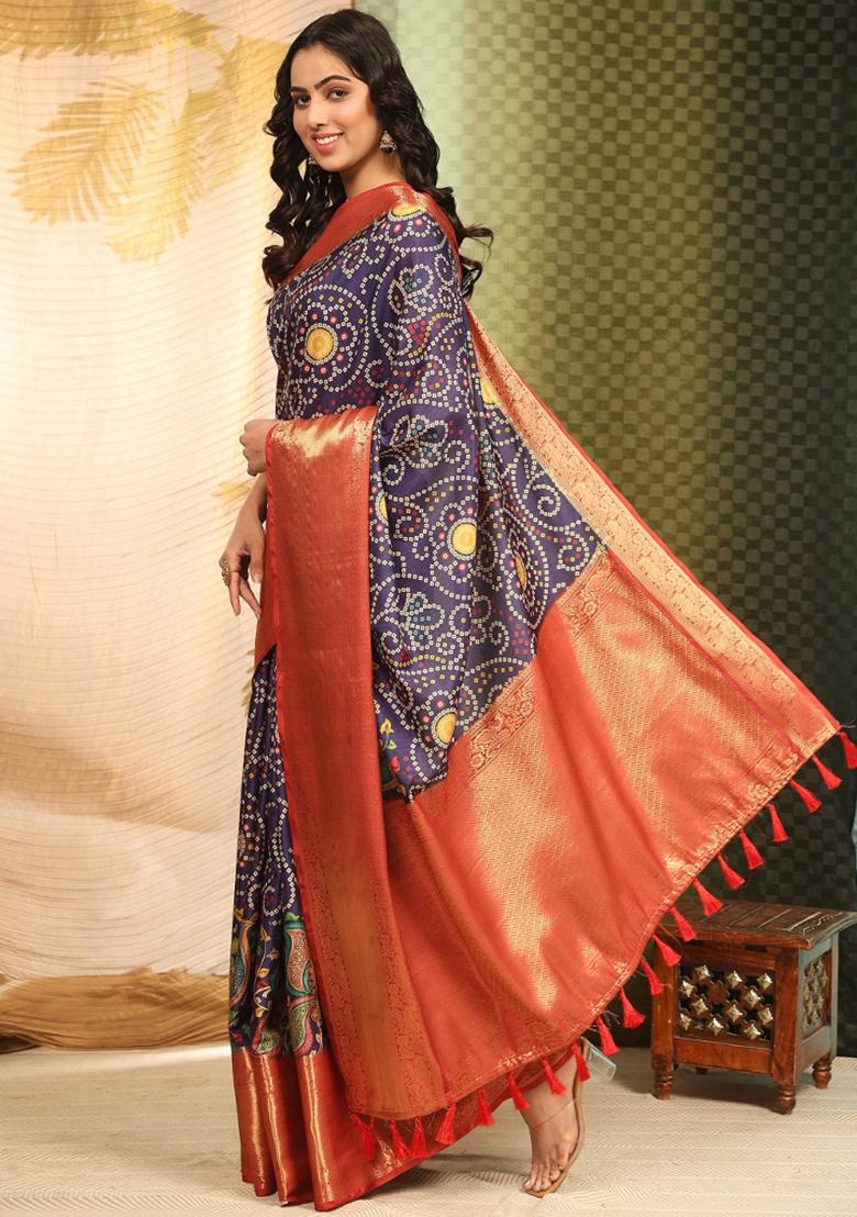 Blue Printed Silk Blend Saree