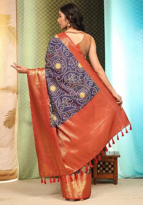 Blue Printed Silk Blend Saree