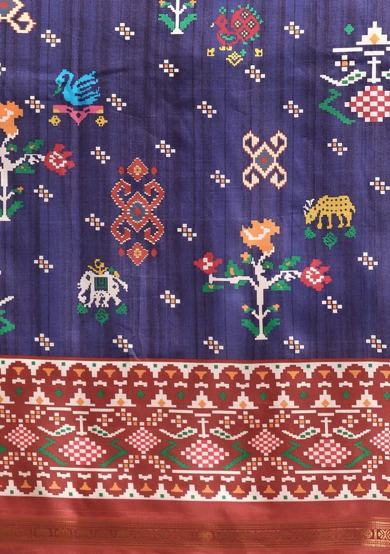 Navy Blue Printed Silk Blend Saree