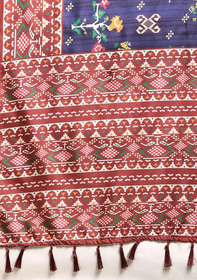 Navy Blue Printed Silk Blend Saree