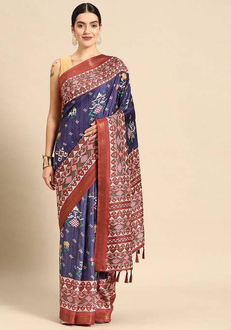 Navy Blue Printed Silk Blend Saree