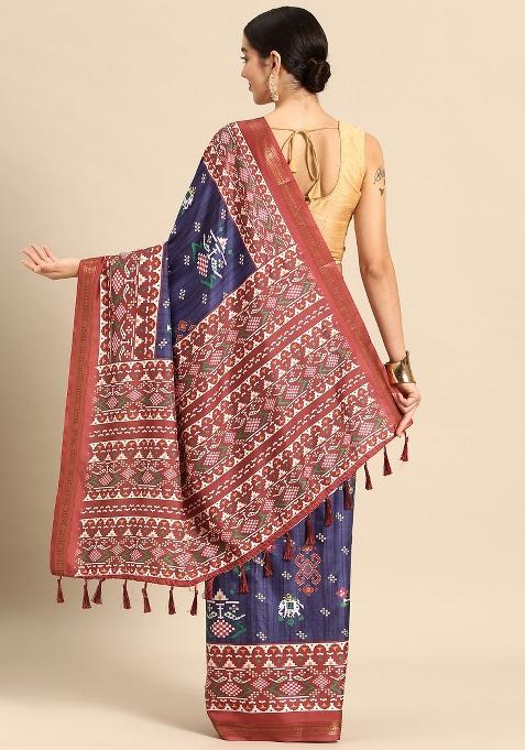Navy Blue Printed Silk Blend Saree