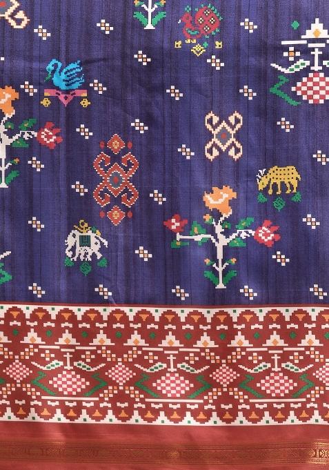 Navy Blue Printed Silk Blend Saree