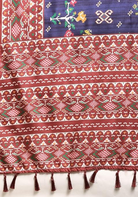 Navy Blue Printed Silk Blend Saree