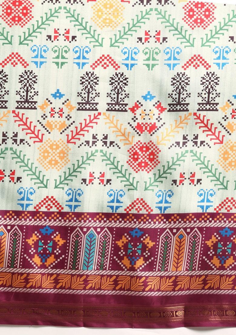 Green Printed Silk Blend Saree