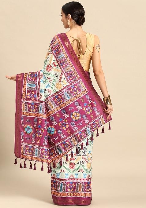 Green Printed Silk Blend Saree