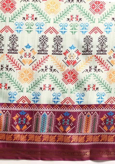 Green Printed Silk Blend Saree