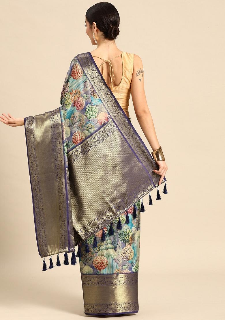 Blue Printed Kanchipuram Silk Saree