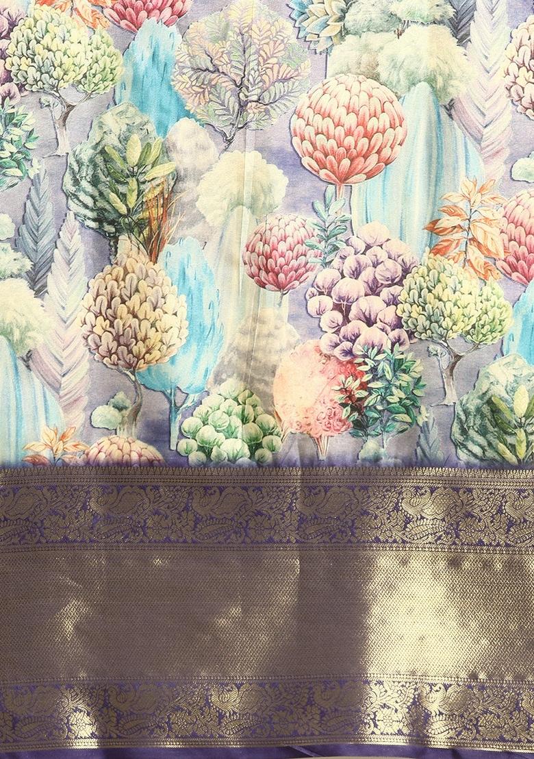 Blue Printed Kanchipuram Silk Saree