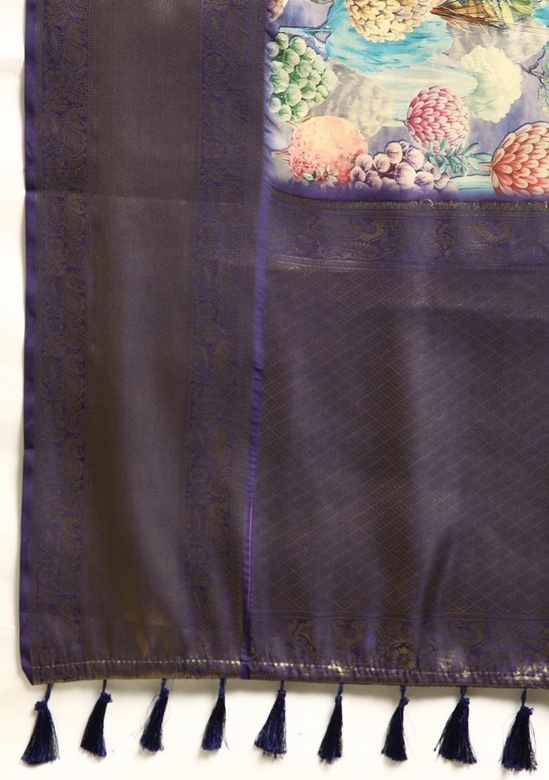 Blue Printed Kanchipuram Silk Saree