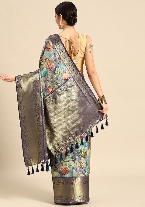 Blue Printed Kanchipuram Silk Saree