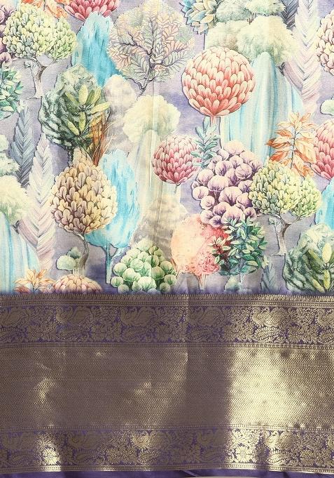 Blue Printed Kanchipuram Silk Saree