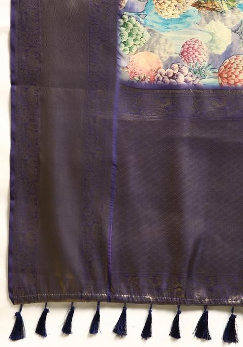 Blue Printed Kanchipuram Silk Saree