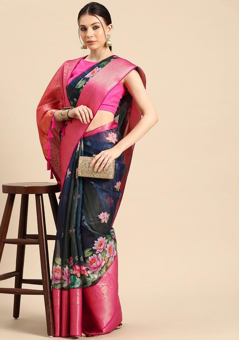 Navy Blue Printed Munga Silk Saree