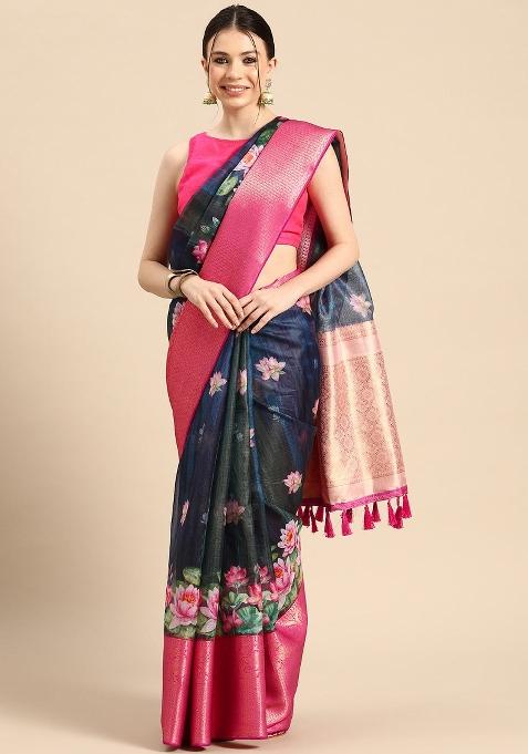 Navy Blue Printed Munga Silk Saree