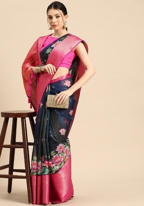 Navy Blue Printed Munga Silk Saree