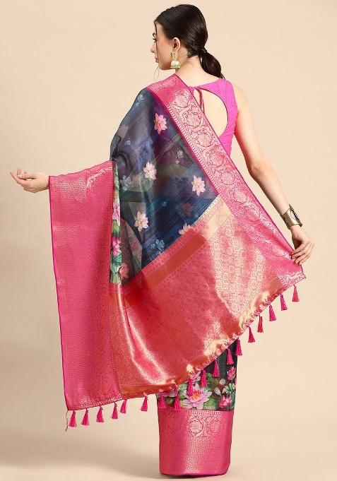 Navy Blue Printed Munga Silk Saree