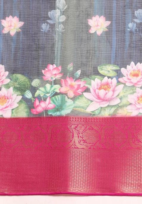 Navy Blue Printed Munga Silk Saree