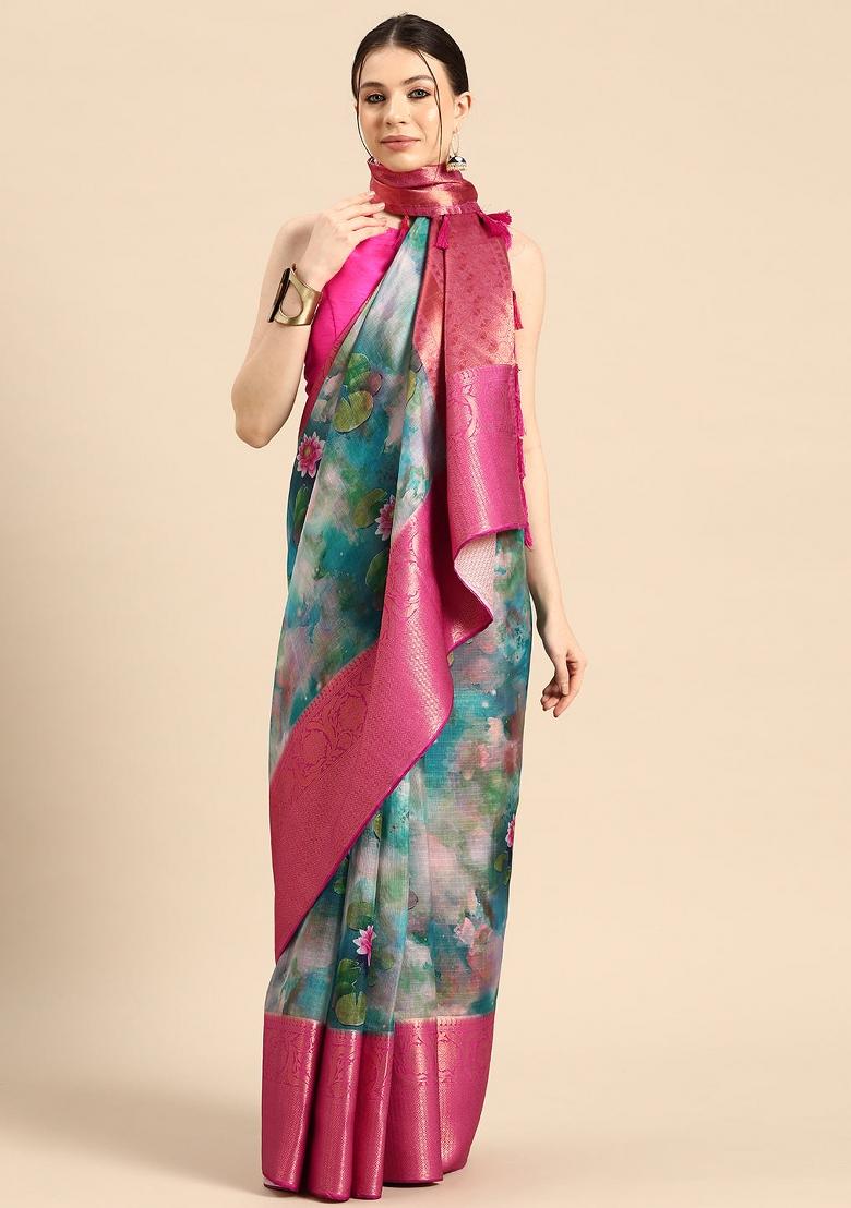 Multicolor Printed Munga Silk Saree