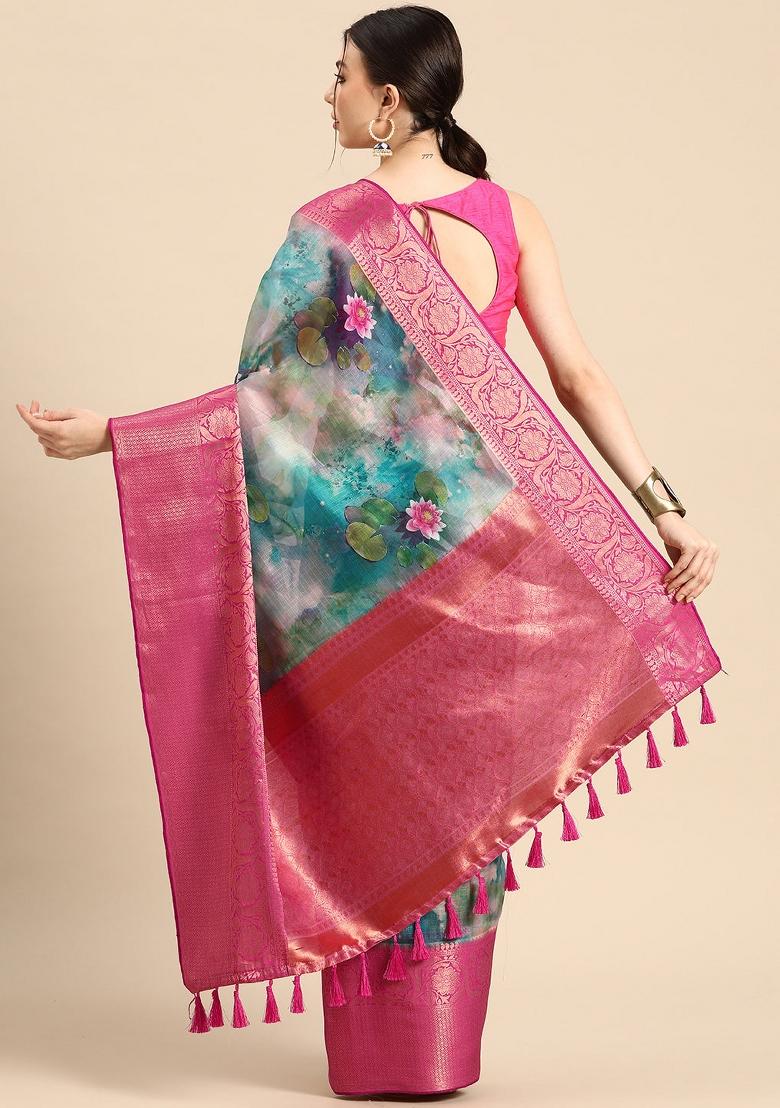 Multicolor Printed Munga Silk Saree
