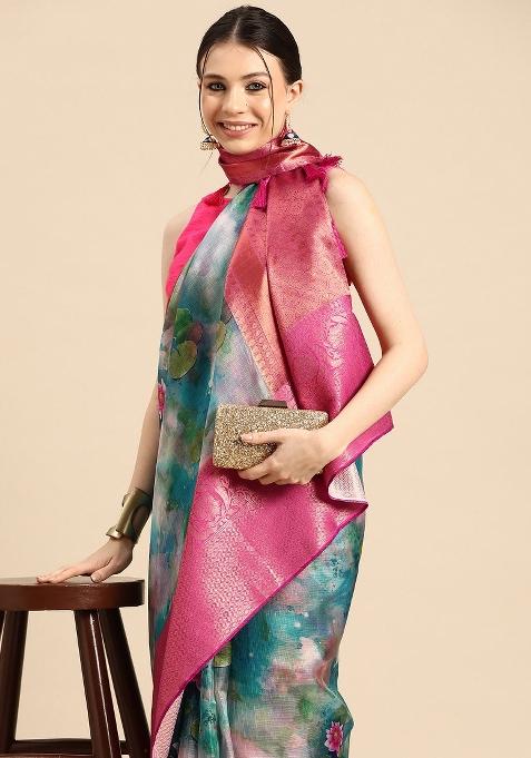 Multicolor Printed Munga Silk Saree