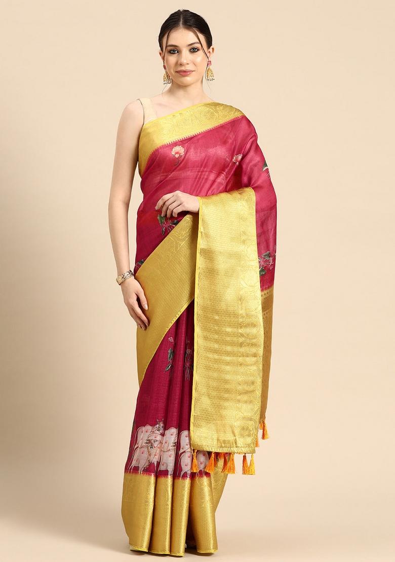 Red Printed Munga Silk Saree