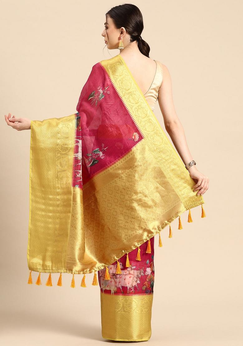 Red Printed Munga Silk Saree