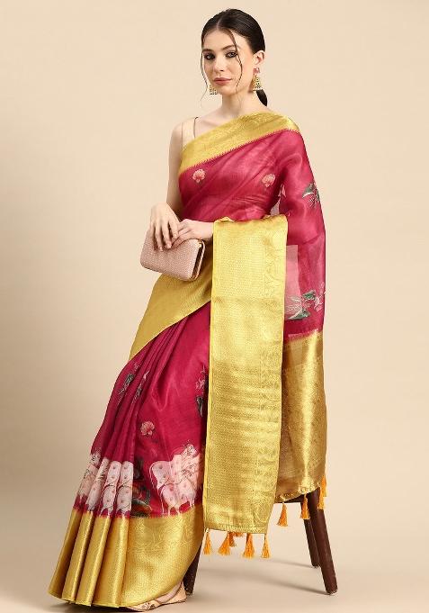 Red Printed Munga Silk Saree