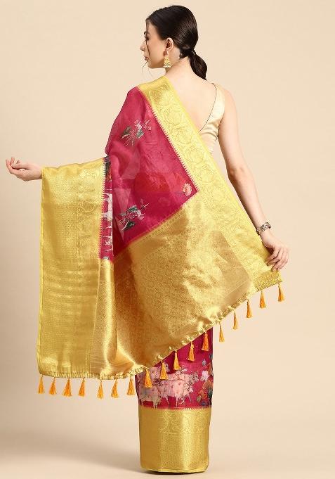 Red Printed Munga Silk Saree
