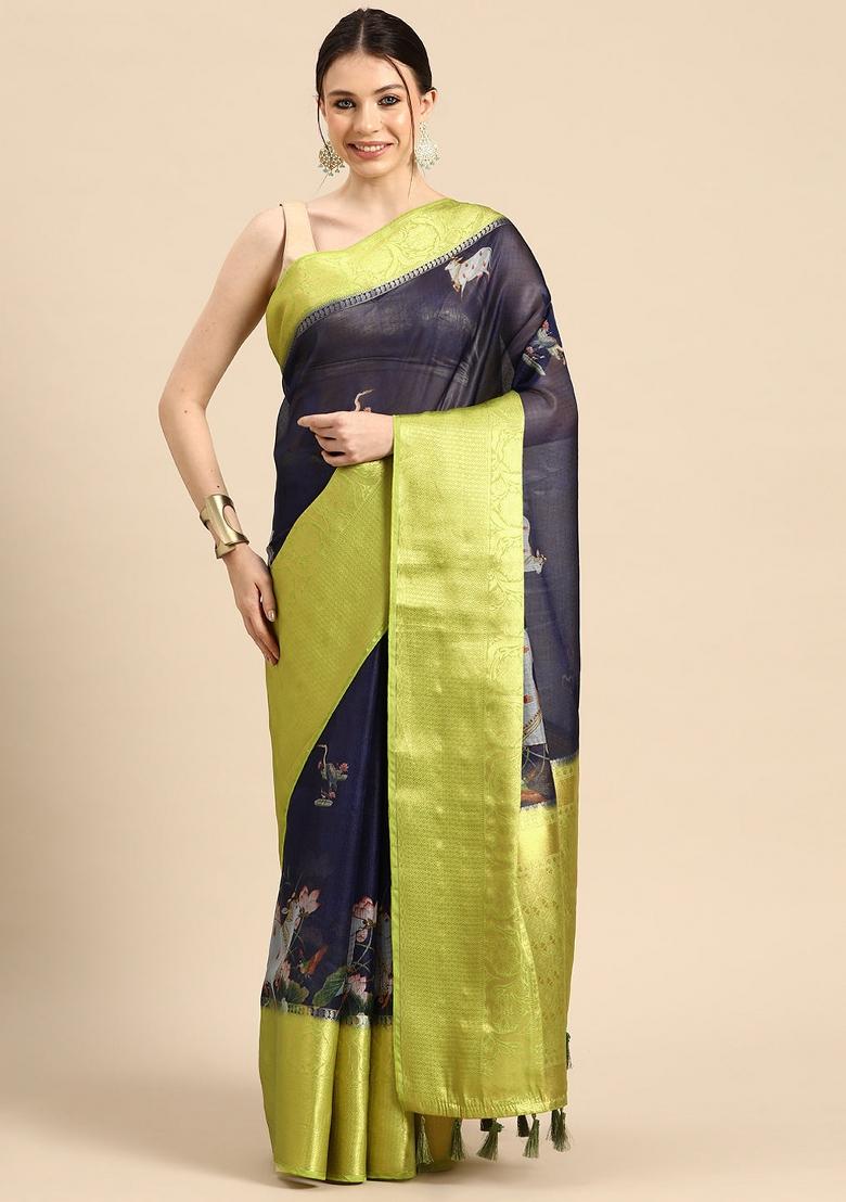 Navy Blue Printed Munga Silk Saree