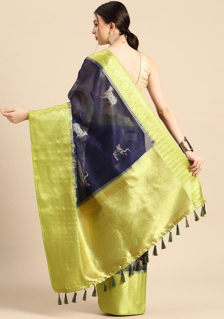 Navy Blue Printed Munga Silk Saree