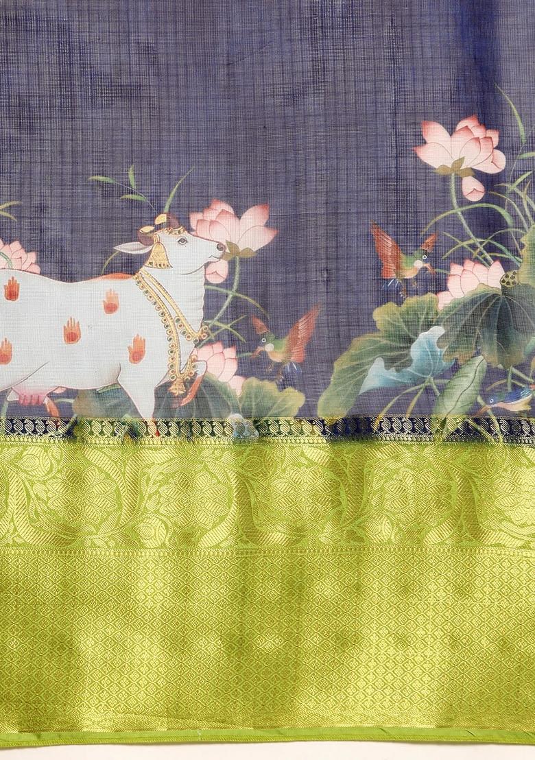 Navy Blue Printed Munga Silk Saree