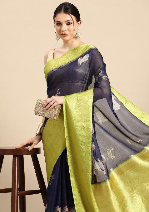 Navy Blue Printed Munga Silk Saree