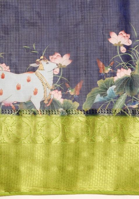 Navy Blue Printed Munga Silk Saree