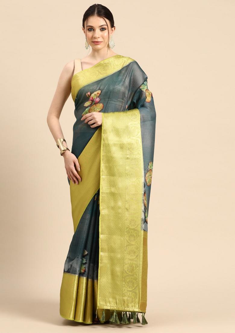 Dark Blue Printed Munga Silk Saree