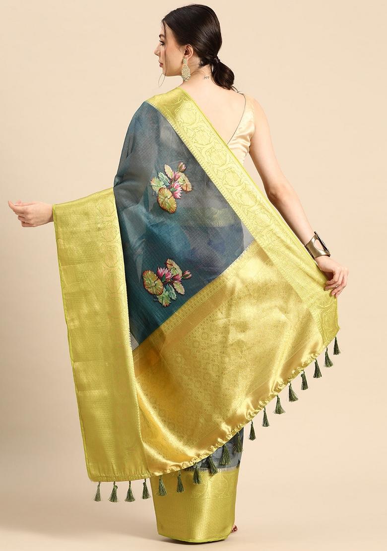 Dark Blue Printed Munga Silk Saree