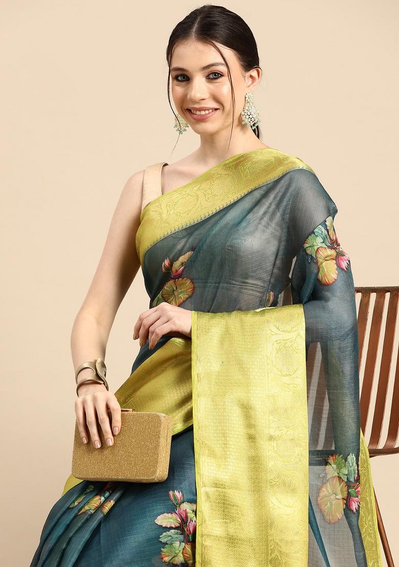 Dark Blue Printed Munga Silk Saree