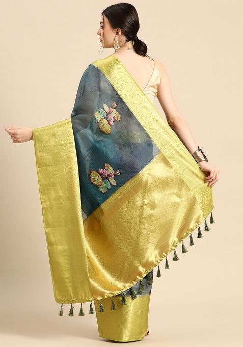 Dark Blue Printed Munga Silk Saree