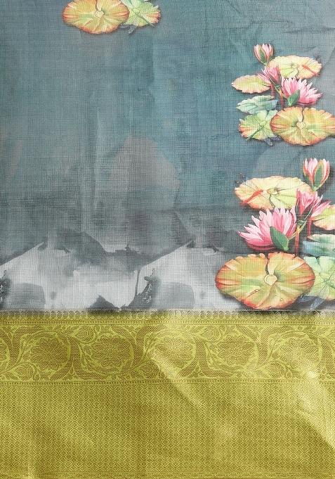 Dark Blue Printed Munga Silk Saree