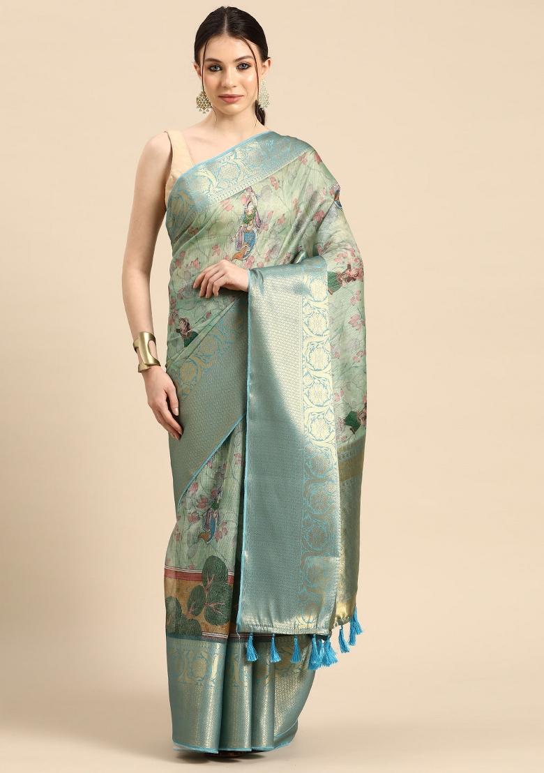 Green Printed Munga Silk Saree