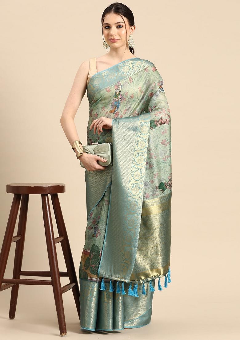 Green Printed Munga Silk Saree