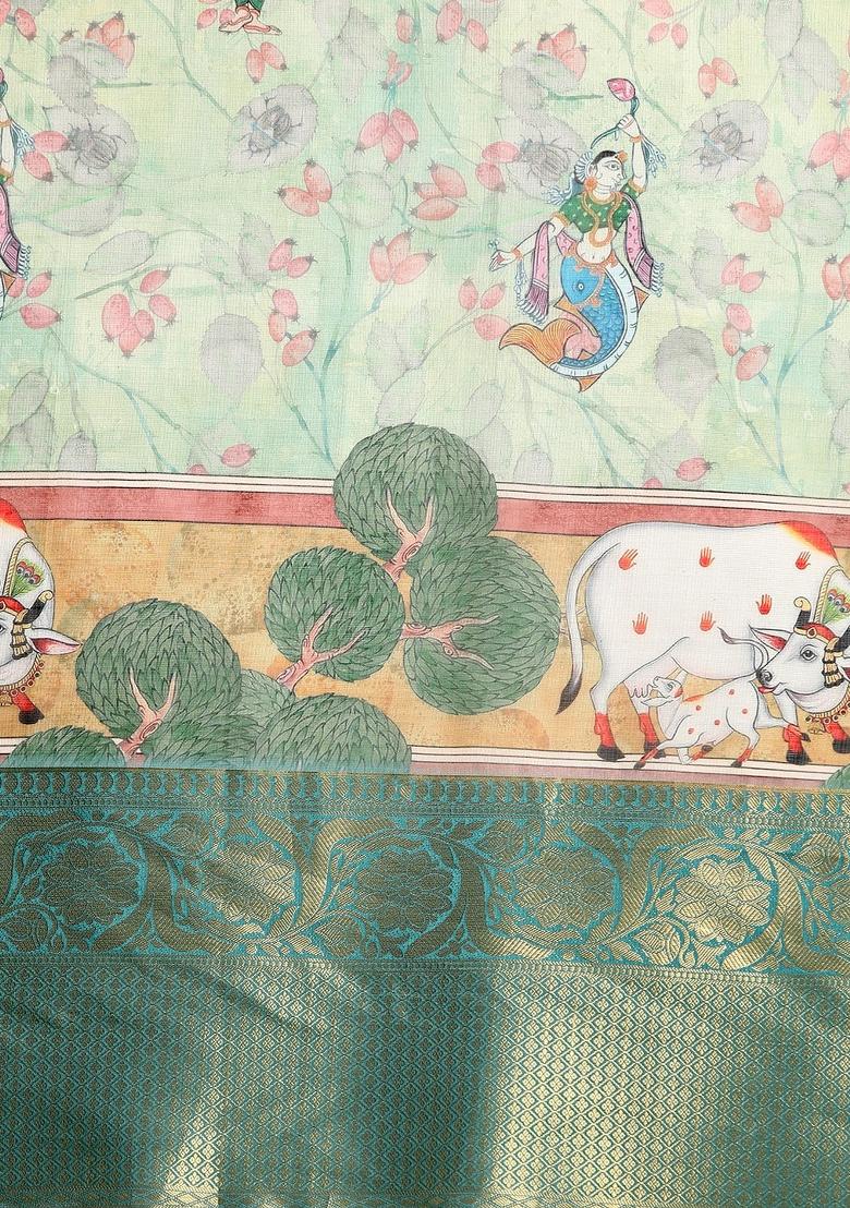 Green Printed Munga Silk Saree