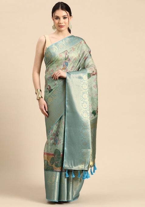 Green Printed Munga Silk Saree