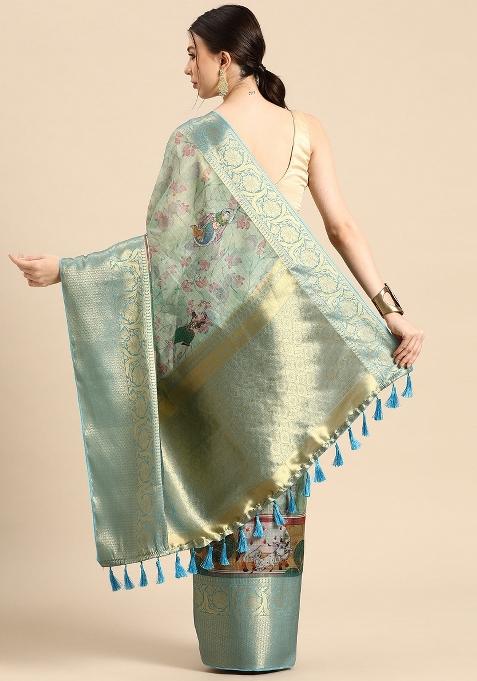 Green Printed Munga Silk Saree