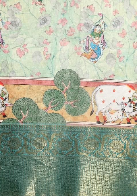 Green Printed Munga Silk Saree