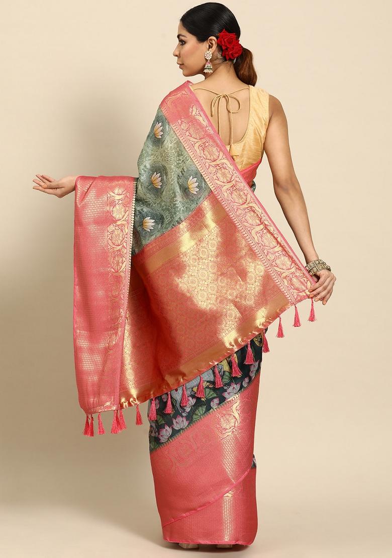 Green Printed Munga Silk Saree