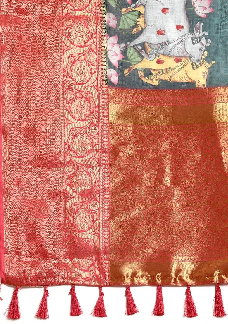 Green Printed Munga Silk Saree